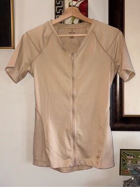 Tommie Coper Zipper Front Short Sleeve Nude Top Size Large